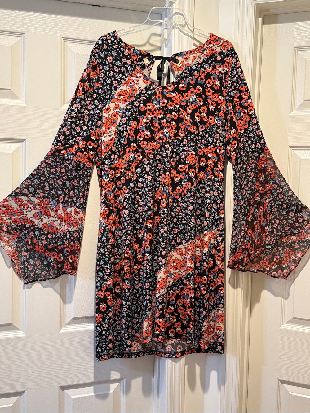 Black Floral Bell-Sleeve TieBack Mini Autumn  Boho Gypsy Dark Romance Dress XL